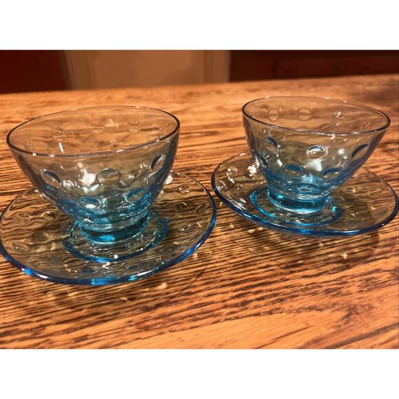 10 Pc 1950s Hazel Atlas Capri Dots Azure Blue Whisky Glasses Cups Saucers Custar - Picture 10 of 15